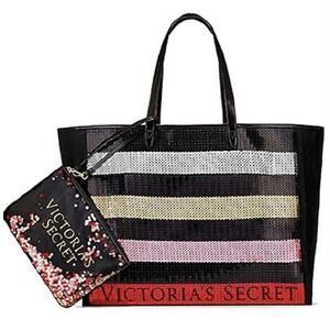 NEW Victoria's Secret Sequin Weekender Bag Tote & Matching Cosmetic Bag Large